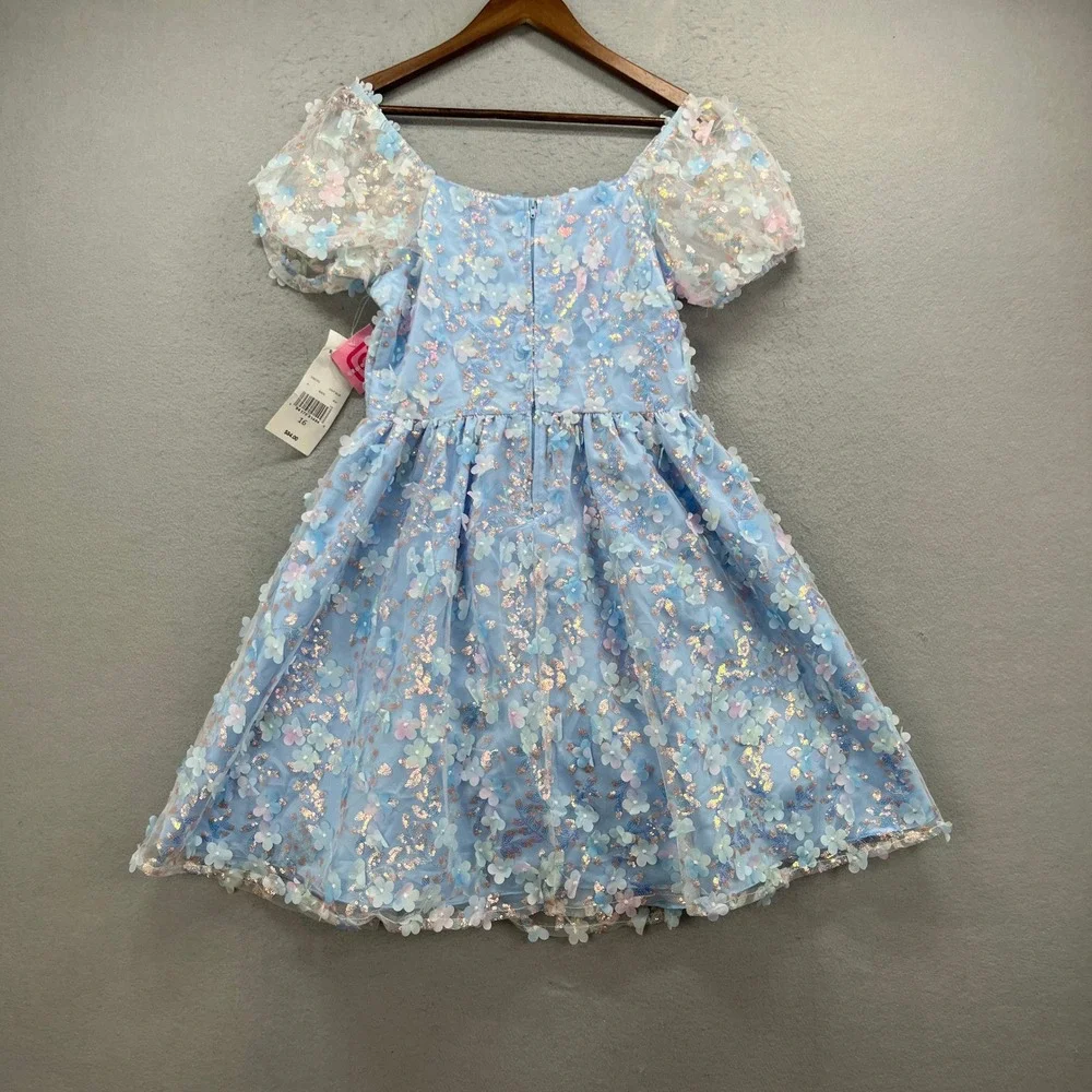 Rare Editions Dress Girls 16 Light Blue Floral Applique Sequin Party Formal NWT